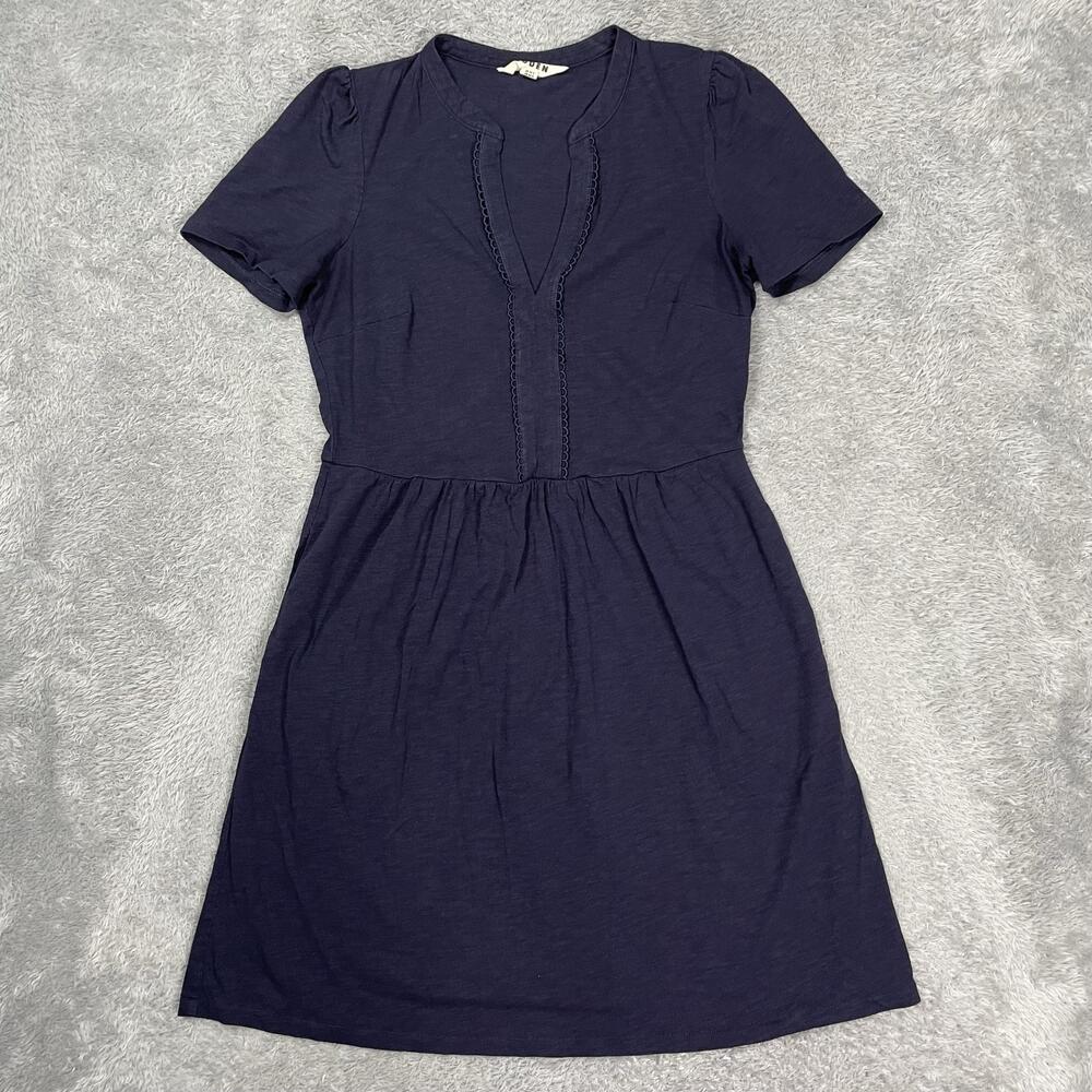 Boden Fit & Flare Dress Womens 8 Blue V Neck Short Sleeve Jersey Crochet